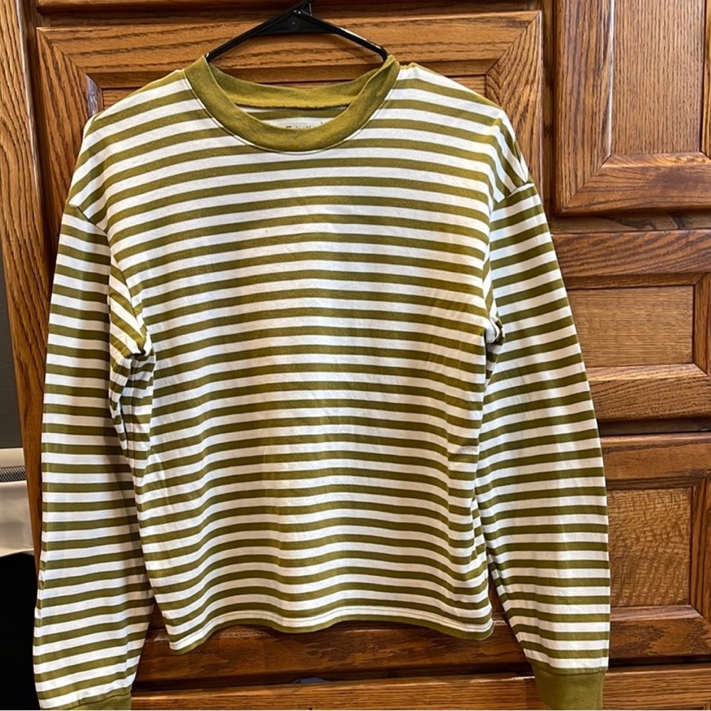 Madewell Olive Green and White Striped Long Sleeve Tee
